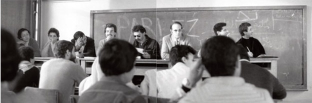 Assemblée générale des professeurs de design en présence des étudiants, pour débattre des programmes pédagogiques. De gauche à droite : Orkia Bouad) an (décédée), Akila Goudjl, Ali Mazighi (Angelo), Zerka Mokrane Mustapha Boutadjine (président de séance), Bachir Yelles (directeur), Zoubir Hellel, Arslane Lerari, et de dos : Mustapha Harkat (2e à gauche, décédé). Alger 1979.)