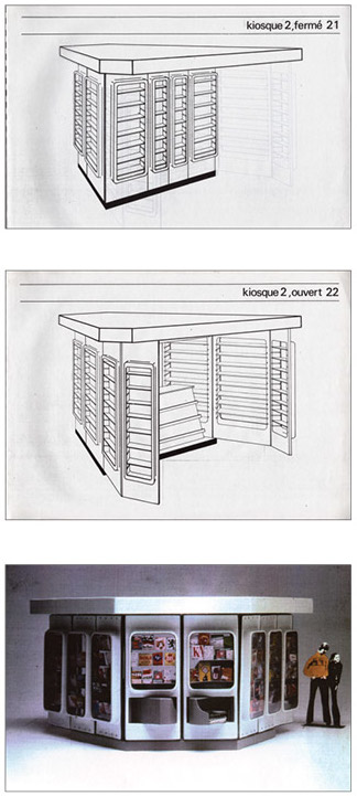Conception du kiosque de Pars à l'ENSAD. Projet donc s'est inspirée largement une entreprise spécialisée ‘en mobilier urbain à Paris et dans le monde. 1978.)